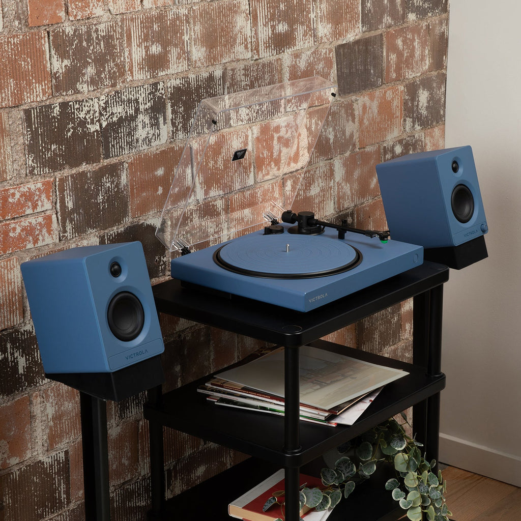 Angled Bookshelf Speaker Stands - Pair-Classic Vinyl Record