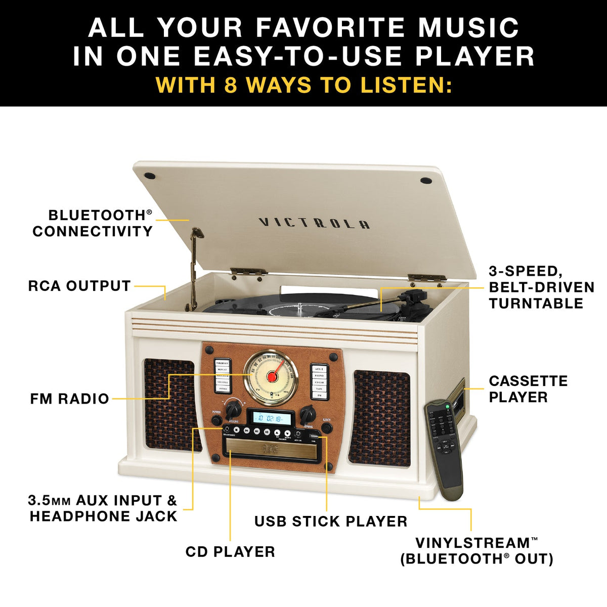 Navigator 8-in-1 Wood Record Player-Classic Vinyl Record