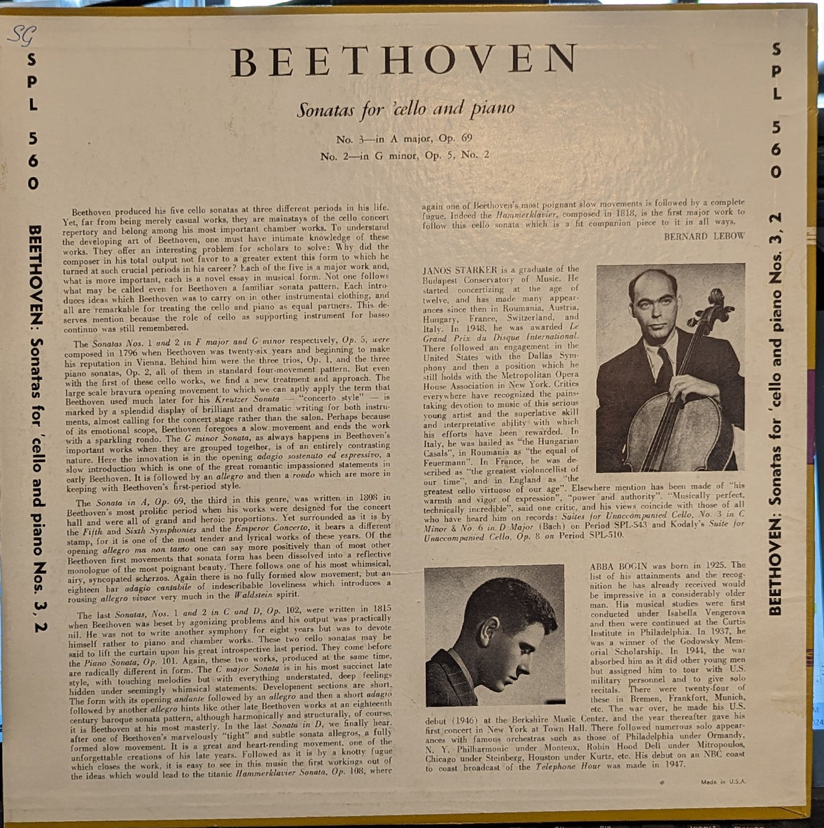 Ludwig van Beethoven - Sonatas For 'Cello and Piano | Excellent (EX) Near Mint (NM)-Classic Vinyl Record