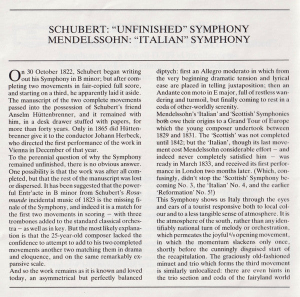 Felix Mendelssohn-Bartholdy - Schubert: Symphony No.8 "Unfinished" / Mendelssohn: Symphony No.4 "Italian" (CD) | Near Mint (NM) Near Mint (NM)-Classic Vinyl Record