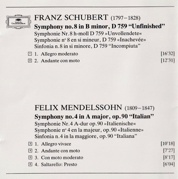 Felix Mendelssohn-Bartholdy - Schubert: Symphony No.8 "Unfinished" / Mendelssohn: Symphony No.4 "Italian" (CD) | Near Mint (NM) Near Mint (NM)-Classic Vinyl Record