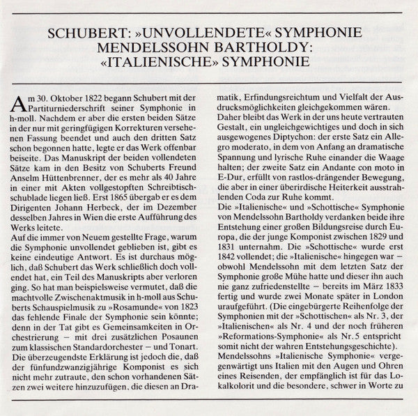 Felix Mendelssohn-Bartholdy - Schubert: Symphony No.8 "Unfinished" / Mendelssohn: Symphony No.4 "Italian" (CD) | Near Mint (NM) Near Mint (NM)-Classic Vinyl Record