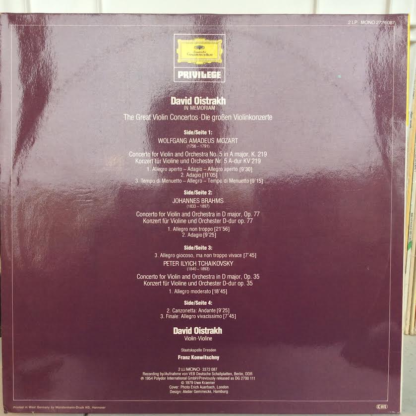 David Oistrach, Wolfgang Amadeus Mozart, Johannes - The Great Violin Concertos. Mozart . Brahms . Tchaikovsky (2xVINYL) | Near Mint (NM or M-)-Classic Vinyl Record