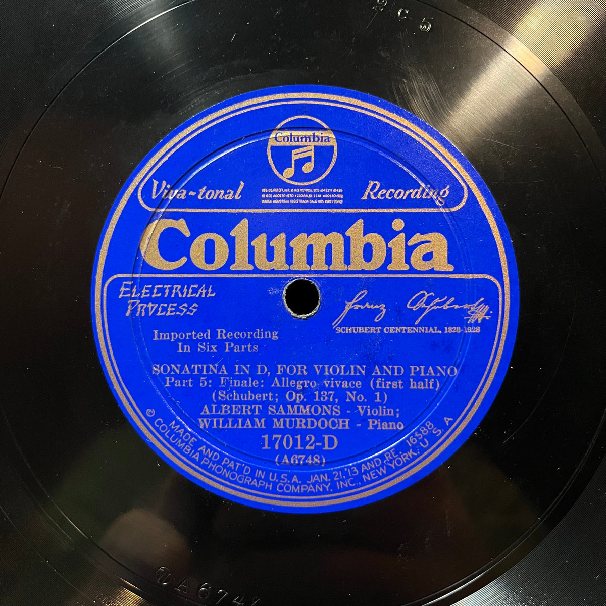 WILLIAM MURDOCH / ALBERT SAMMONS - SONATA IN D / SCHUBERT OP 137 (78RPM 10") 17012-D COLUMBIA | Near Mint (NM or M-) Generic-Classic Vinyl Record