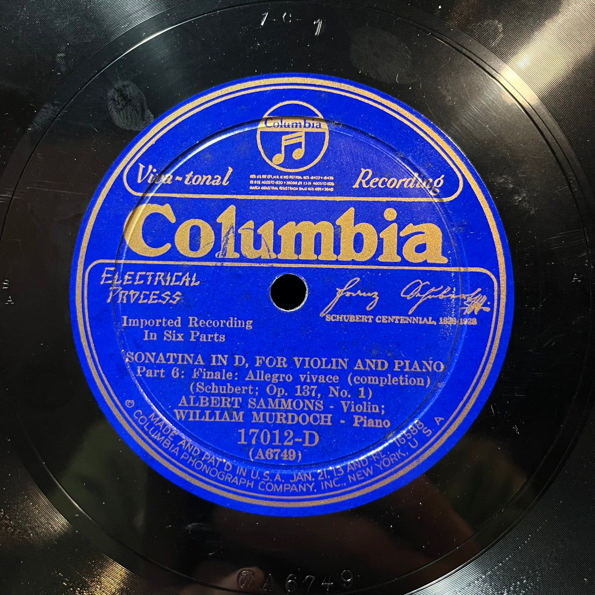 WILLIAM MURDOCH / ALBERT SAMMONS - SONATA IN D / SCHUBERT OP 137 (78RPM 10") 17012-D COLUMBIA | Near Mint (NM or M-) Generic-Classic Vinyl Record