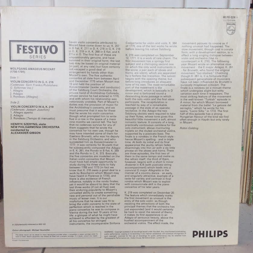 Wolfgang Amadeus Mozart, Henryk Szeryng, New Philh - Violin Concertos No. 3 in G No. 5 in A (VINYL) | Near Mint (NM or M-)-Classic Vinyl Record