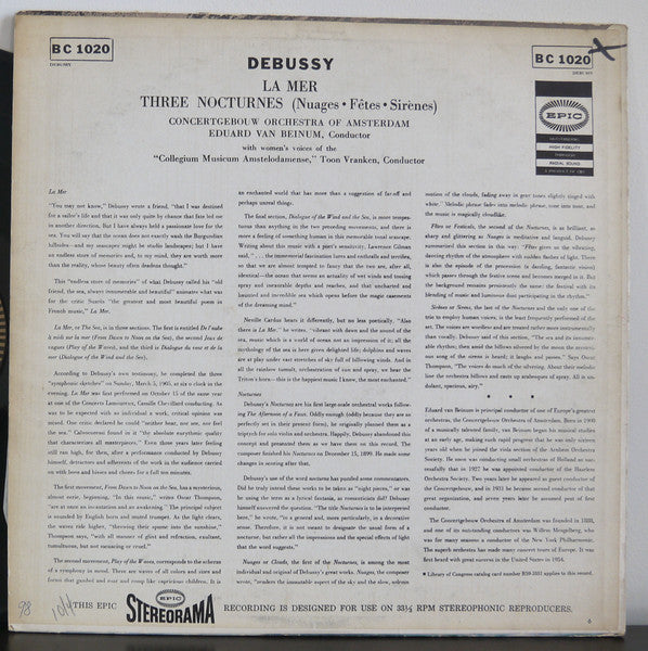 Claude Debussy - La Mer; Three Nocturnes (VINYL) | Near Mint (NM) Excellent+ (EX+)-Classic Vinyl Record