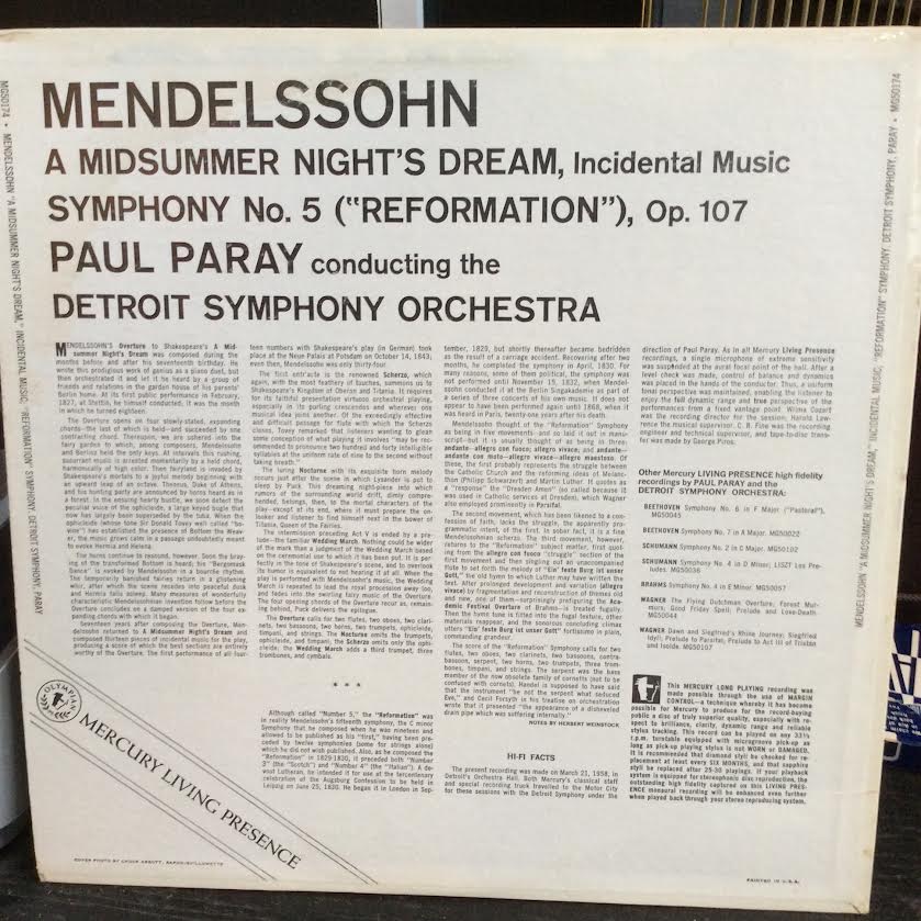 Felix Mendelssohn-Bartholdy : Paul Paray, Detroit - A Midsummer Night's Dream, Incidental Music; Symphony No. 5 "Reformation" (VINYL) | Near Mint (NM or M-)-Classic Vinyl Record