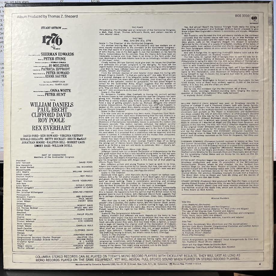 William Daniels - 1776 (A New Musical) (VINYL) | Near Mint (NM) Excellent (EX)-Classic Vinyl Record