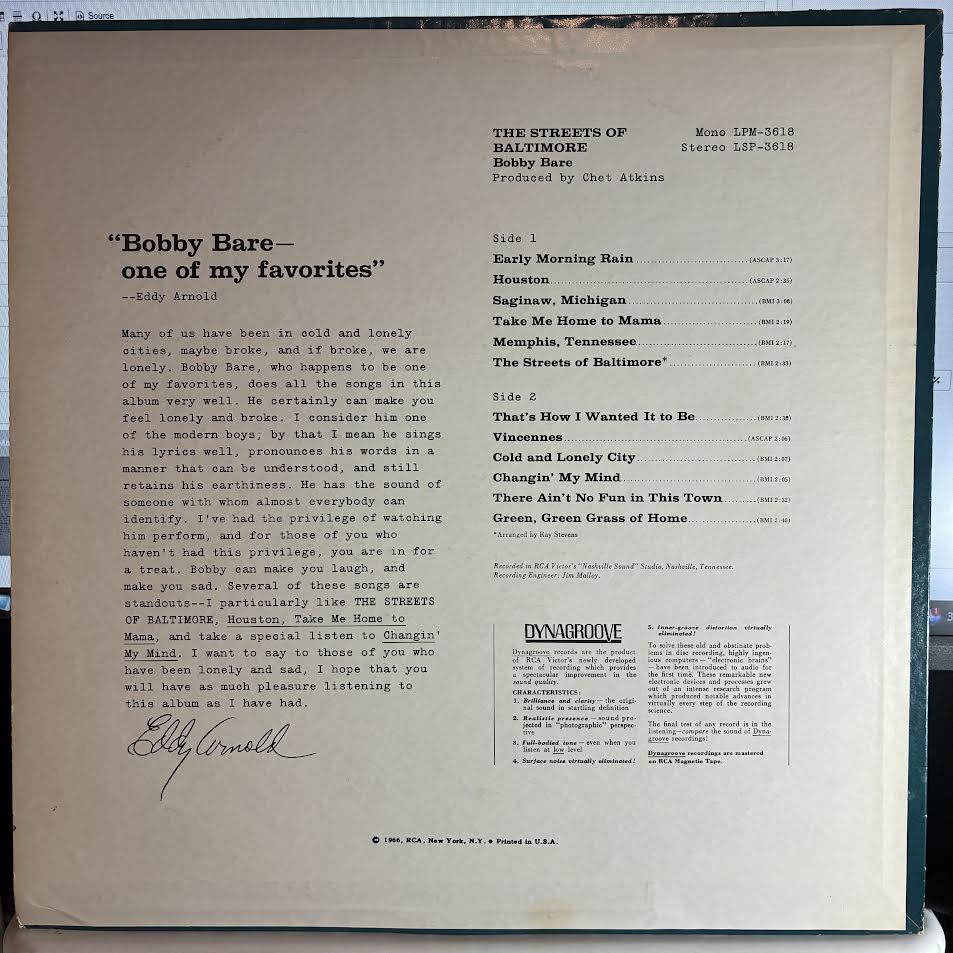 Bobby Bare - The Streets Of Baltimore (VINYL) | Very Good Plus (VG+) Excellent (EX)-Classic Vinyl Record