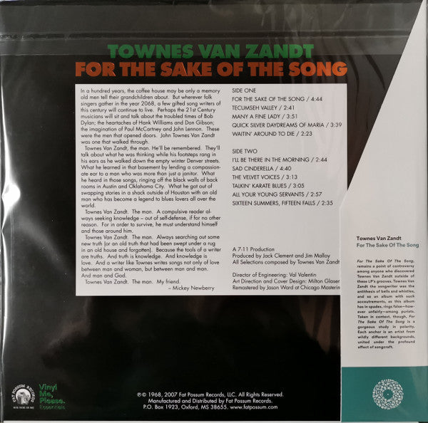Townes Van Zandt - For The Sake Of The Song (VMP VINYL) | Mint (M) Mint (M)-Classic Vinyl Record