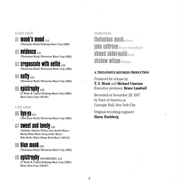 The Thelonious Monk Quartet - At Carnegie Hall (CD) | Near Mint (NM) Near Mint (NM)-Classic Vinyl Record