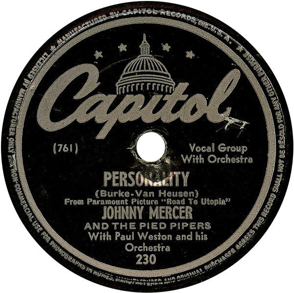 Johnny Mercer - Personality / If I Knew Then (10" 78RPM RECORD) | Very Good Plus (VG+) Generic-Classic Vinyl Record