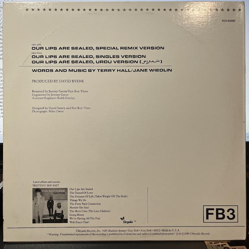 Fun Boy Three - Our Lips Are Sealed (Special Remix Version) (12" VINYL) | Near Mint (NM) Excellent+ (EX+)-Classic Vinyl Record