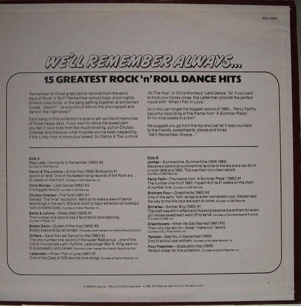We'll Remember Always...15 Greatest Rock 'N' Roll Dance Hits | Mint (M) Mint (M)-Classic Vinyl Record