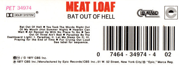 Meat Loaf - Bat Out Of Hell (CASSETTE) | Near Mint (NM) Near Mint (NM)-Classic Vinyl Record