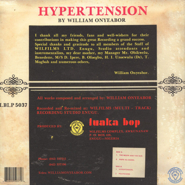 William Onyeabor - Hypertension | Mint (M) Mint (M)-Classic Vinyl Record