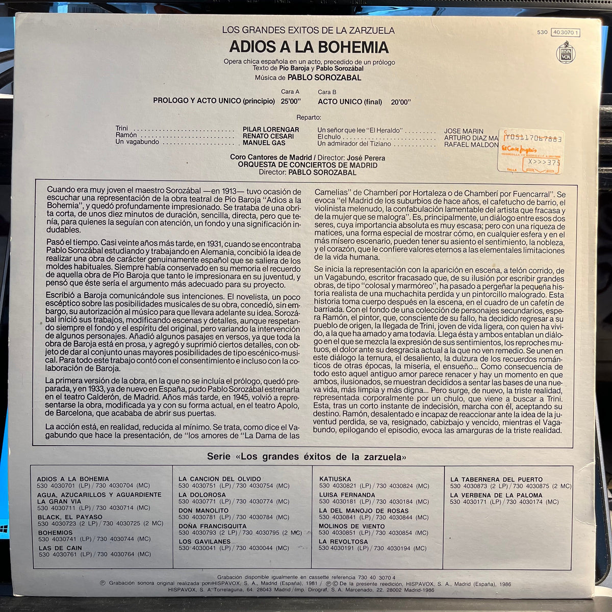 Pablo Sorozabal - Adios A La Bohemia | Excellent (EX) Near Mint (NM)--Classic Vinyl Record